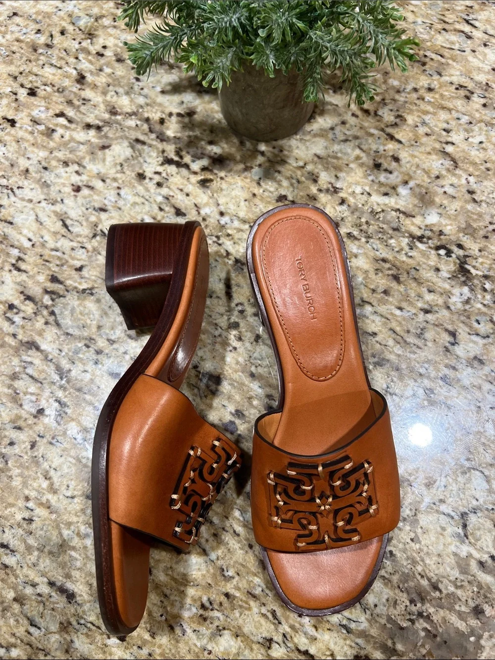 Tory Burch Ines Brown Leather Block Heel Mules 7M